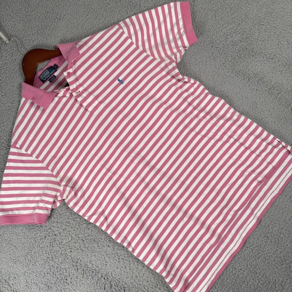 Polo Ralph Lauren Polo Shirt Mens Large Pink White Striped Short Sleeve Pique